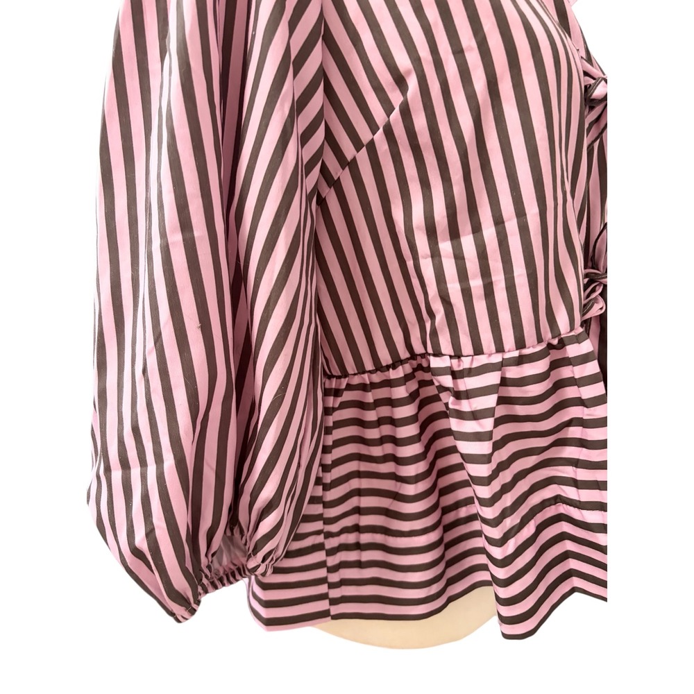 NEW Pink Striped Bow Front Large Peplum Blouse Puff Sleeve Top Coquette - Picture 5 of 8